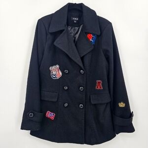A.Byer‎ Black Wool Blend Pea Coat with Embroidered Patches Size M